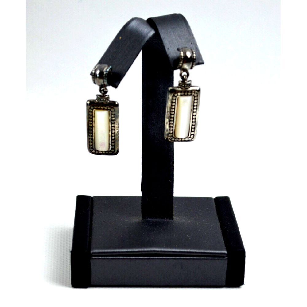 Silver‎ Tone Post Pierced Earrings White Iridescent Rectangle 1.5"